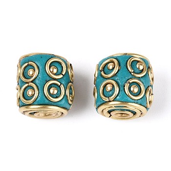 Handmade Indonesia Beads, Column, with Unplated Brass, Dark Turquoise, 11x10.5~11mm, Hole: 1.8mm