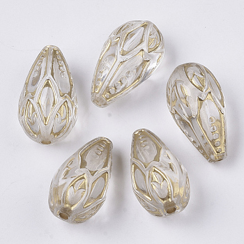 Transparent Plating Acrylic Beads, Golden Metal Enlaced, Teardrop, Clear, 20.5x12x10.5mm, Hole: 1.8mm, about 386pcs/500g