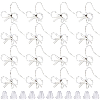 28Pcs Bowknot Shape Brass Earring Hook, with Loops & 40Pcs Plastic Ear Nuts, Platinum, 22 Gauge, 16x15mm, Hole: 2mm, Pin: 0.6mm