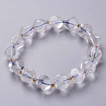 Faceted Natural Quartz Crystal Stretch Beaded Bracelets, with Glass Beads, Six Sided Celestial Dice, Inner Diameter: 1-7/8~2-1/8 inch(4.8~5.25cm)