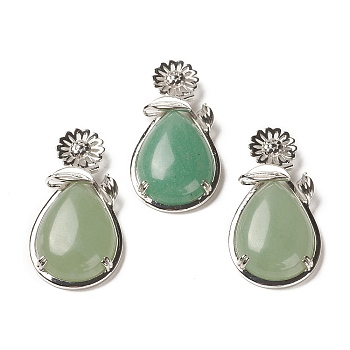 Natural Green Aventurine Pendants, with Brass Findings, Flower with Teardrop, 56x28x8mm, Hole: 5x2.5mm