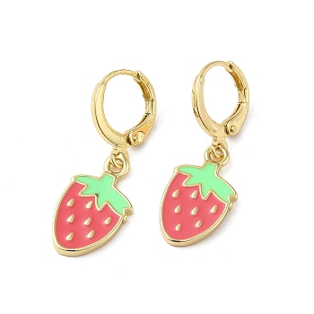 Real 18K Gold Plated Brass Dangle Leverback Earrings, with Colorful Enamel, Strawberry, 29.5x10mm