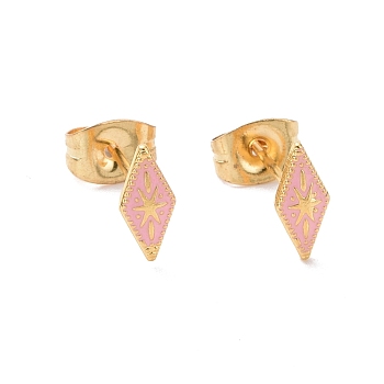 Enamel Rhombus with Star Stud Earrings with 316L Surgical Stainless Steel Pins, Gold Plated 304 Stainless Steel Jewelry for Women, Pink, 8.5x4mm, Pin: 0.7mm