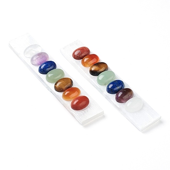Chakra Natural Selenite Display Decorations, with Natural Gemstone Oval Cabochons, Rectangle, 111x23x6.5~13mm