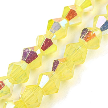 Baking Painted Transparent Glass Beads Strands, Half Electroplate, AB Color Plated, Faceted, Bicone, Yellow, 6x5.5mm, Hole: 1mm, about 47pcs/strand, 10.24''(26cm)