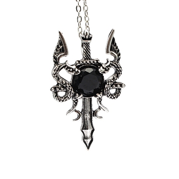 Natural Obsidian Dragon Sword Pendant Necklace, Gothic Alloy Jewelry for Men Women, Antique Silver & Platinum, 19.69 inch(50cm)