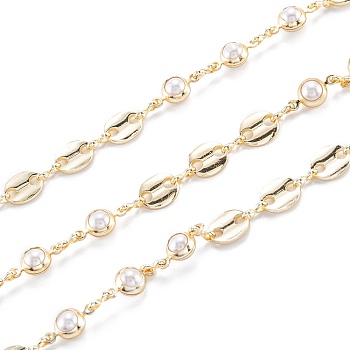 3.28 Feet Handmade Brass Beaded Chain, Coffee Chain, with CCB Plastic Beads, Long-Lasting Plated, Unwelded, Light Gold, White, oval: 8.5x7x1.5mm, bead: 12x6x5mm