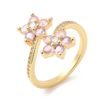 Cubic Zirconia Flower Open Cuff Rings, Real 16K Gold Plated Brass Jewelry for Women, Pink, US Size 6(16.5mm)