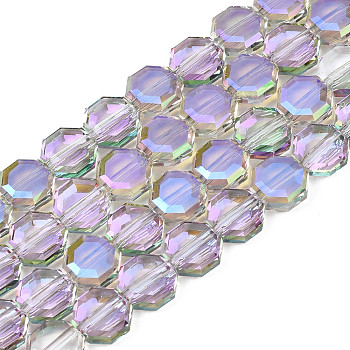 Electroplate Translucent Glass Beads Strands, Half Plated, Faceted, Octagon, Lilac, 7~8x7~8x4mm, Hole: 1.2mm, about 72pcs/strand, 20.47 inch(52cm)