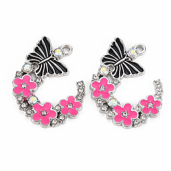 Alloy Rhinestone Pendants, with Enamel, Platinum, Butterfly with Flower, Hot Pink, 22x29x2mm, Hole: 1.8mm