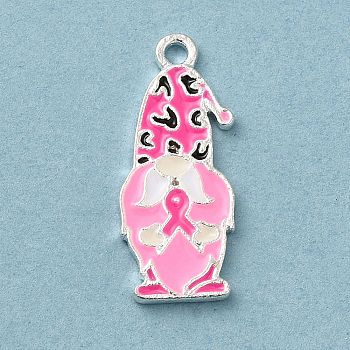 Breast Cancer Pink Awareness Ribbon Theme Alloy Enamel Pendants, Silver, Gnome, 23x9.5x1.5mm, Hole: 1.5mm