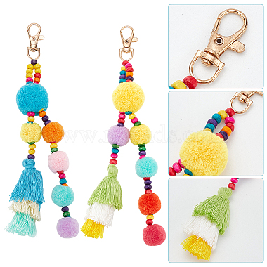 WADORN 2Pcs 2 Colors Colorful Boho Pompom Ball Tassel Polyester Pendant Decorations with Wood Bead for Women(AJEW-WR0001-72)-3