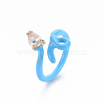 Brass Micro Pave Clear Cubic Zirconia Cuff Rings, Open Rings, with Enamel, Snake, Cadmium Free & Nickel Free & Lead Free, Real 16K Gold Plated, Light Sky Blue, US Size 6, Inner Diameter: 17mm(RJEW-S045-116E-NR)