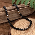 6MM Round Natural Tiger Eye and Frosted Black Stone Beaded Necklaces for Men, Platinum, 18.90 inch(48cm)(FQ0489-1)