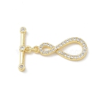 Brass Micro Pave Clear Cubic Zirconia Toggle Clasps, Infinity, Cadmium Free & Lead Free, Long-Lasting Plated, Real 18K Gold Plated, Bar: 5.5x20x2.5mm, Hole: 1.5mm, Ring: 23x10.5x2.5mm(CU-CBAC675-05G)