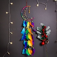 Rainbow Color Moon Feather Tassel Pendant Decorations, Polyester Cord Wrapped Haing Ornament with Wood Bead, for Home Decorations, Colorful, 830x200mm(PW-WG92679-01)