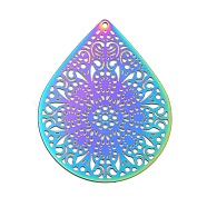 201 Stainless Steel Etched Metal Embellishments Pendants, Teardrop Charm, Rainbow Color, 44.5x35x0.3mm, Hole: 1.2mm(STAS-K257-42MC)