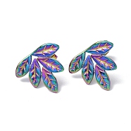 Ion Plating(IP) 304 Stainless Steel Leaf Stud Earrings for Women, Rainbow Color, 14x16mm, Pin: 0.7mm(EJEW-F300-13MC)