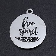 201 Stainless Steel Etched Pendants, Flat Round with Words Free Spirit, Leaf, Stainless Steel Color, 22x19x1.5mm, Hole: 1.8mm(STAS-N090-JN803)
