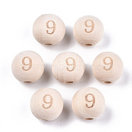 Unfinished Natural Wood European Beads, Large Hole Beads, Laser Engraved Pattern, Round with Number, Num.9, 15~16x14~15mm, Hole: 4mm(WOOD-S045-141A-9)