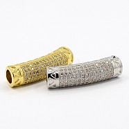 CZ Jewelry Brass Micro Pave Cubic Zirconia Hollow Curved Tube Beads, Curved Tube Noodle Beads, Clear, Mixed Color, 24x6mm, Hole: 4mm(ZIRC-M024-11)