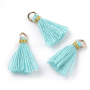 Polycotton(Polyester Cotton) Tassel Pendant Decorations, Mini Tassel, with Iron Findings and Metallic Cord, Light Gold, Cyan, 10~15x2~3mm, Hole: 1.5mm(FIND-S281-14)