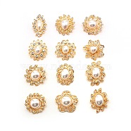12Pcs 12 Style Crystal Alloy Rhinestone Brooches Set, Flower & Oval & Teardrop with Imitation Pearl Beads Lapel Pins for Wedding Party, Golden, 32~40.5x28~35x12~16mm, 1pc/style(JEWB-SZ0001-43)