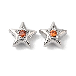 Brass with Cubic Zirconia Beads Beads, Real Platinum Plated, Star, Orange Red, 7.5x8x3mm, Hole: 1mm(KK-K333-29P-03)