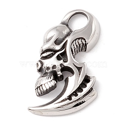 304 Stainless Steel Pendants, Skull, Antique Silver, 34x20x5.5mm, Hole: 7x6mm(STAS-M299-09AS)