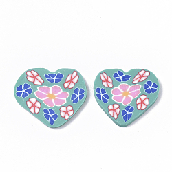 Handmade Polymer Clay Cabochons, Heart with Flower, Light Sea Green, 17~22x20~23x2mm(X-CLAY-S092-53A)