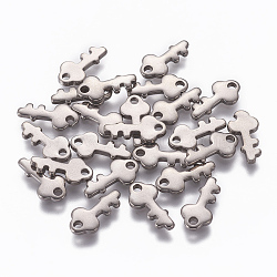 Tarnish Resistant 201 Stainless Steel Charms, Key, Stainless Steel Color, 13x6x1mm, Hole: 1.8mm(STAS-L234-070P)