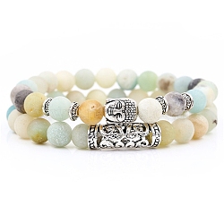 2Pcs 2 Style Natural Amazonite Stretch Bracelets Set with Alloy Buddha Head, Gemstone Jewelry for Women, 7~1/4~7-1/2 inch(18.5~19cm), 1Pc/style(MATO-PW0001-074Q)