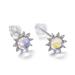 925 Sterling Silver Sunflower Stud Earring Findings, Clear Moonstone Dainty Earrings for Girl Women, Platinum, 7.5x3.4mm, Pin: 0.8mm(EJEW-M202-03P)