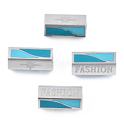 316 Surgical Stainless Steel Beads, with Enamel, Hexagon with Word Fashion, Sky Blue, 11x6x6mm, Hole: 2mm(STAS-N097-057)
