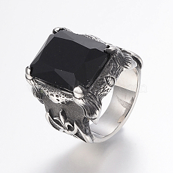 304 Stainless Steel Finger Rings, with Cubic Zirconia, Rectangle, Black, 18mm(RJEW-G091-26-18mm-B)