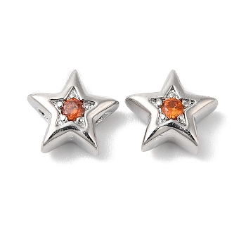 Brass with Cubic Zirconia Beads Beads, Real Platinum Plated, Star, Orange Red, 7.5x8x3mm, Hole: 1mm