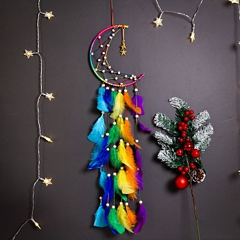 Rainbow Color Moon Feather Tassel Pendant Decorations, Polyester Cord Wrapped Haing Ornament with Wood Bead, for Home Decorations, Colorful, 830x200mm