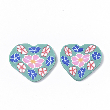 Handmade Polymer Clay Cabochons, Heart with Flower, Light Sea Green, 17~22x20~23x2mm