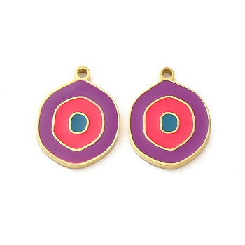 304 Stainless Steel Pendants,  with Enamel, Flat Round Charm, Real 14K Gold Plated, Medium Orchid, 17x13x1.4mm, Hole: 1.4mm