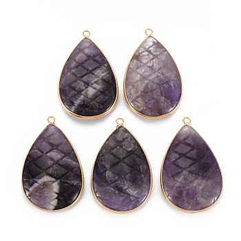 Natural Amethyst Pendants, with Light Gold Plated Brass Findings, Teardrop, 50~51x31~31.5x10mm, Hole: 2mm
