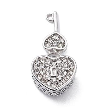 304 Stainless Steel European Beads, Large Hole Beads, with Rhinestone, Heart and Key, Crystal, Heart: 11x11.5x7mm, Key: 13x6x2mm, Hole: 4mm