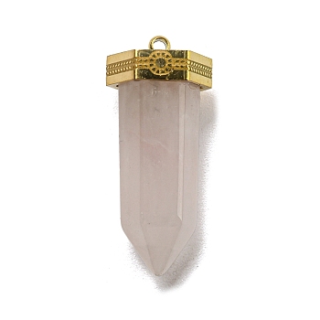 Natural Rose Quartz Pointed Pendants, Faceted Bullet Charms with Golden Plated 304 Stainless Steel Findings, 26~26.5x11.5x10mm, Hole: 1.4mm