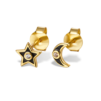 925 Sterling Silver Star Moon Stud Earrings, Left and Right, with Cubic Zirconia, Golden, Black, 6x4mm