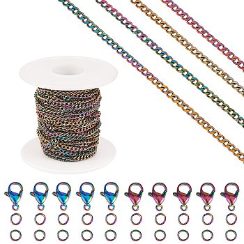 DIY Chain Jewelry Set Making Kit, Including Rainbow Color Ion Plating(IP) 304 Stainless Steel 5M Cable Chains & 10Pcs Clasps & 20Pcs Jump Rings, 1Pc Plastic Spool, Rainbow Color, Cable Chains: 4x3x0.7mm