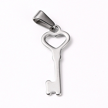 304 Stainless Steel Pendants, Large Hole Pendants, for Valentine's Day, Heart Key, Stainless Steel Color, 27x10x1mm, Hole: 8x3mm