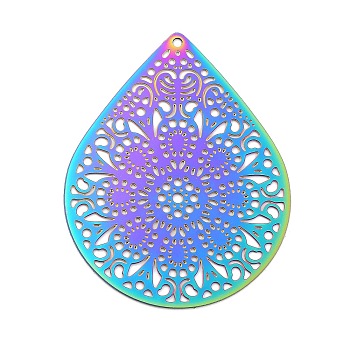 201 Stainless Steel Etched Metal Embellishments Pendants, Teardrop Charm, Rainbow Color, 44.5x35x0.3mm, Hole: 1.2mm