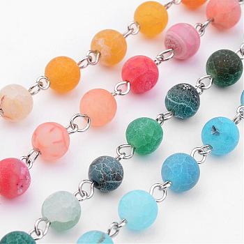 Handmade Natural Weathered Agate Beads Chains, Unwelded, with Iron Eye Pin, Platinum Color, Mixed Color, 39.37 inch(1m)