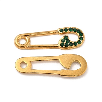 Vacuum Plating 201 Stainless Steel Rhinestone Connector Charms, Safety Pin Links, Real 18K Gold Plated, Emerald, 24.5x8x1.5mm, Hole: 2mm and 3mm