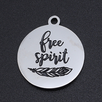 201 Stainless Steel Etched Pendants, Flat Round with Words Free Spirit, Leaf, Stainless Steel Color, 22x19x1.5mm, Hole: 1.8mm