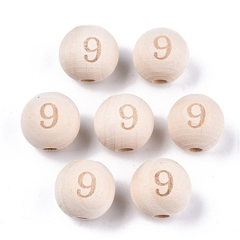 Unfinished Natural Wood European Beads, Large Hole Beads, Laser Engraved Pattern, Round with Number, Num.9, 15~16x14~15mm, Hole: 4mm
